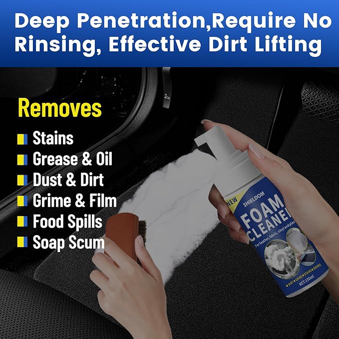 SHIELDOM Car Interior Cleaner Kit Multifunctional Car Seat Foam Cleaner Powerful Carpet Upholstery Stain Remover with Detailing Brush & Towel Safe for Cloth, Leather, Fabric, Vinyl & Plastic 5oz