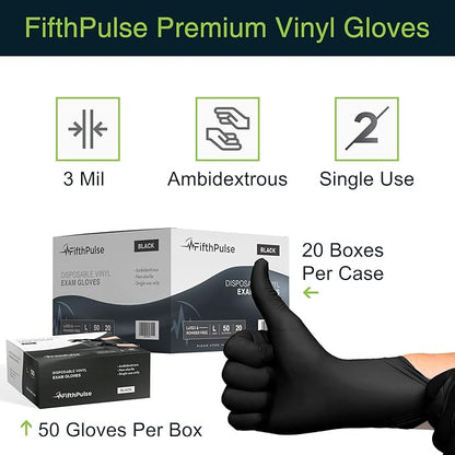 FifthPulse Black Vinyl Disposable Gloves - Powder and Latex Free Medical Exam Gloves