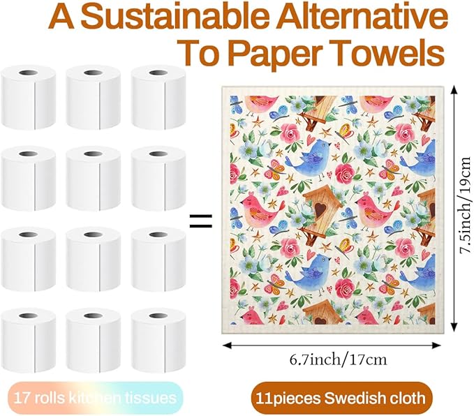 Swedish Dishcloths for Kitchen | 6 Pack Floral Reusable Paper Towels Washable | Swedish Dish Towels | Non-Scratch Cellulose Sponge Cloths | No Odor, Biodegradable Cleaning Cloths, Colorful Birds