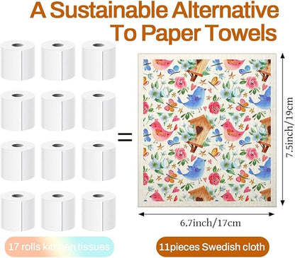 Swedish Dishcloths for Kitchen | 6 Pack Floral Reusable Paper Towels Washable | Swedish Dish Towels | Non-Scratch Cellulose Sponge Cloths | No Odor, Biodegradable Cleaning Cloths, Colorful Birds
