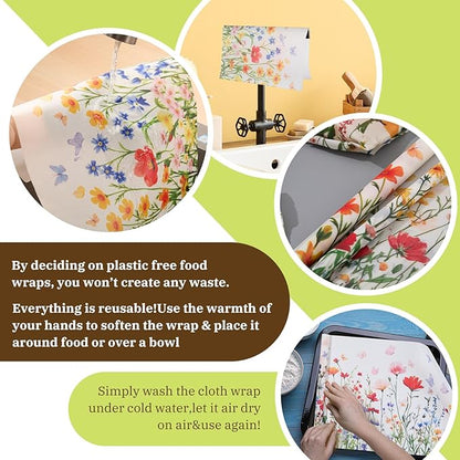 3 Rolls Reusable Beeswax Wraps for Food 13 x 40 Inches Bees Wax Wraps Reusable Food Storage Wrap Beeswax Paper Roll for Bread Sandwich Cheese Fruit Snacks(Spring)