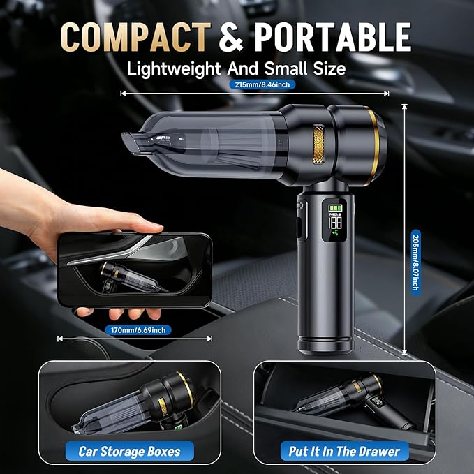 Handheld Vacuum Cordless, 17000PA High Power Car Vacuum Portable Cordless, Brushless Motor with Digital Display, Car Vacuum Cleaner for Office Desk Home Kitchen Car Pet Hair