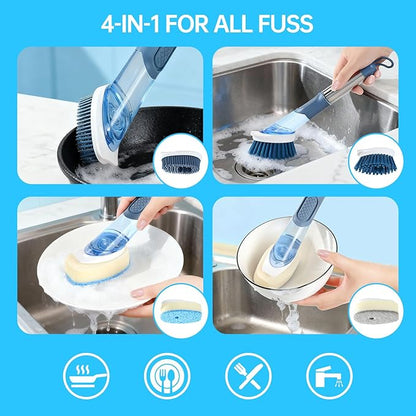 Soap Dispensing Scrub Dish Brush Head Replacements - 4 Kitchen Cleaning Brush Dish Wand Head, Scraper Heads for Stubborn Grime on Pots Pans, Stand/Hang Storage-Blue