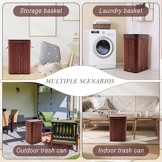 2 Pack 21 Gallon Bamboo Slim Trash Can with Lid Large Foldable Slim Rectangular Garbage Can Bamboo Waste Basket for Bathroom Bedroom Office Home Salon Spa (Brown)