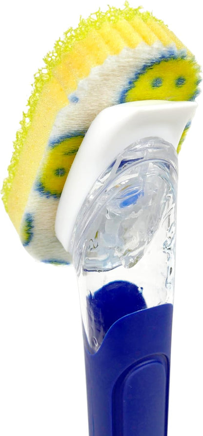 Scrub Daddy Dish Wand Scrubbing Brush with Handle, Soap Dispensing Dish Brushes, Texture Changing Washing Up Sponges With Liquid Dispenser, Scrubber with Scraper & Detachable Head Sponge, Blue