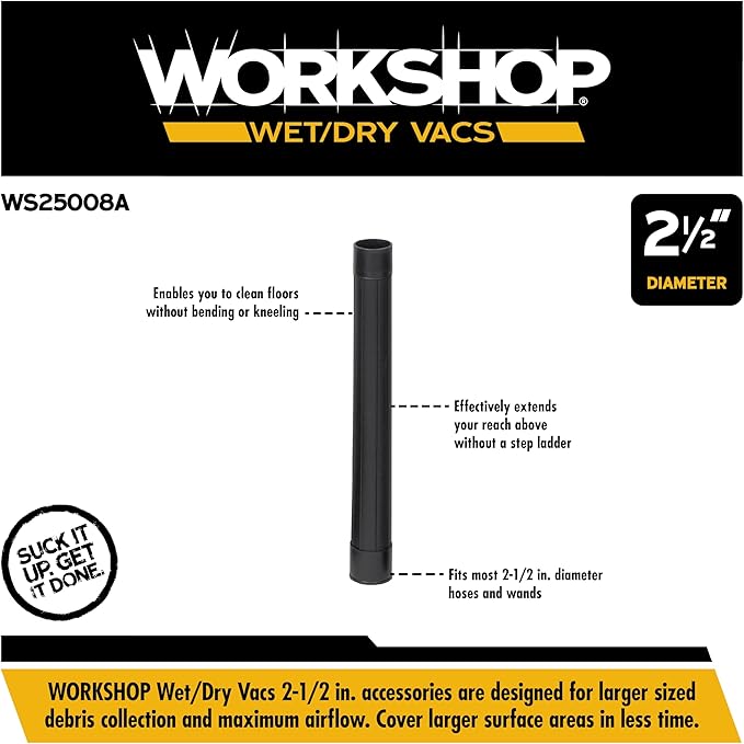 WORKSHOP Wet/Dry Vacs Shop Vacuum Accessories WS25008A Extension Wand Attachment for Wet Dry Vacuum Cleaners, Fits 2-1/2-inch Extension Wands and Hoses