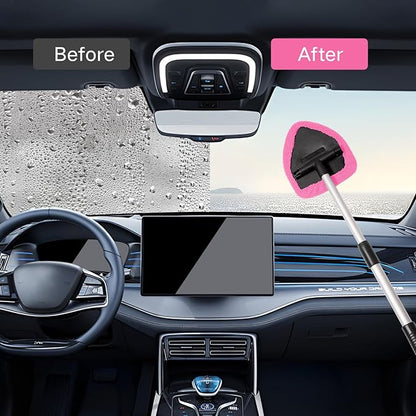 Qydipclin 7pcs Windshield Cleaner Tool Car Window Cleaning Wash Kit with 4 Reusable Microfiber Pads 1 Spray Bottle and Extendable Handle Auto Glass Wiper Kit, Pink