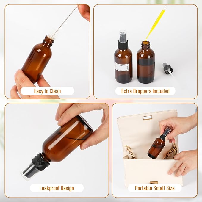 Jaisie.W 16 Pack 2oz Amber Glass Spray Bottles with Fine Mist Sprayer, Small Empty Refillable Containers for Essential Oils, Perfumes, Travel, Cleaning – Includes Labels, Droppers & Brush