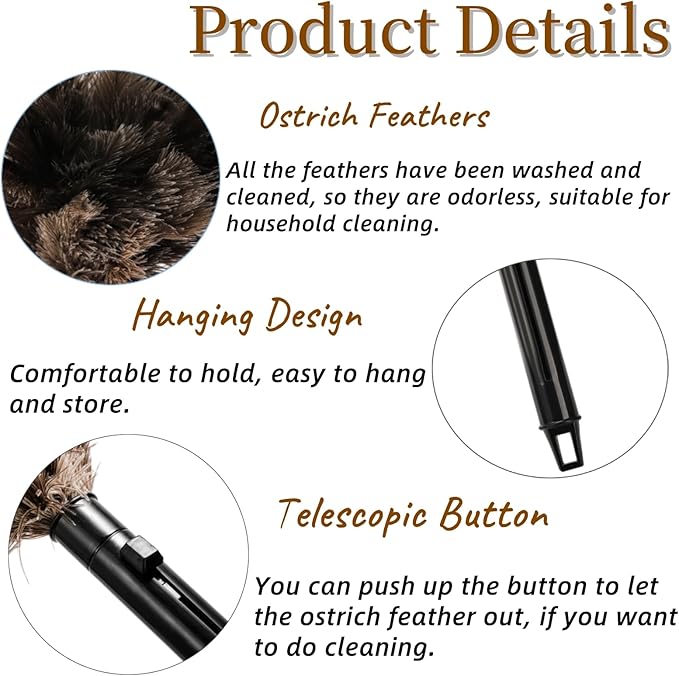 Goaste 2 Pack Ostrich Feather Duster, 15 Inch Fluffy Natural Feather Duster, Soft-Feather Mopping with Plastic Handle, Extensible Ostrich Feather Cleaning Supplies for Keyboard, Home, Car, Office