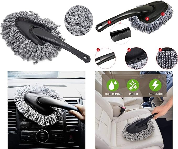 Removable Telescopic Car Wax Drag Nano Fiber Car Wash Brush Car Dusting Tool Car Mop Wax Duster Exterior Interior Cleaning Kit (Premium Car Duster & Dash Duster 2 Pcs Set, Purple)
