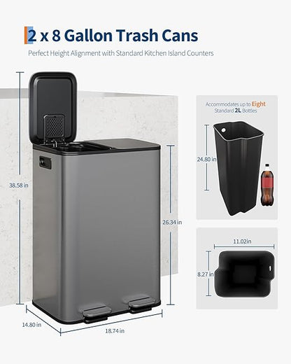 OUTLANE 2 X 8 Gal Stainless Steel Double Trash Can with Lid, Dual Compartment Step-on Kitchen Garbage & Recycle Bin, Metal Waste Bin with Removable PP Buckets, Liner Rim, Matte Grey