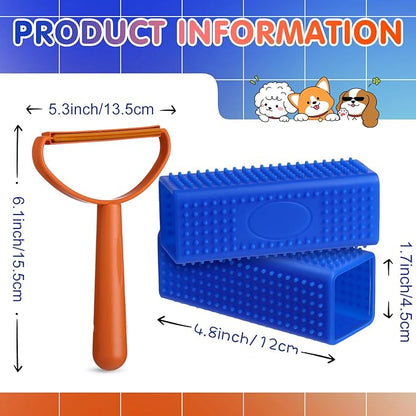 Honeydak 3 Pieces Hair Remover Tool Dog Hair Remover Pro Silicone Cleaner Brush Roller Fuzz Hairball Brush for Carpet Rake, Car Mat, Couch, Pet Bed, Clothes(Blue, Orange)