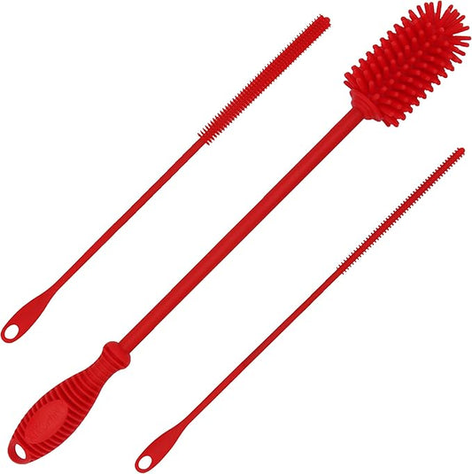 Kitchiny Silicone Bottle Brush with 2 Straw Cleaners - 12.5” Water Bottle Cleaner Brush for Yeti, Hydro Flask, Owala, Stanley, Baby Bottles, Glassware, Vases & Narrow Neck Containers - Red