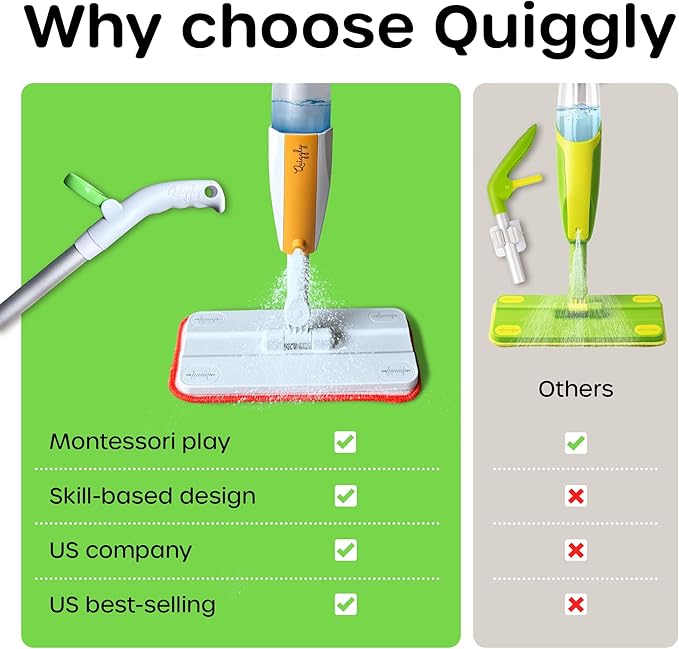 Quiggly Toddler Spray Mop – Two-Handed Design for Ages 3–5 with Real Water Sprayer – Montessori Functional Cleaning Toy Set
