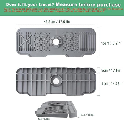 17 Inch Faucet Mat For Kitchen Sink Splash Guard Behind Faucet, ，5°Slope Fast Draining Silicone Mat , Dish Soap Sponge Holder for Bathroom Sink kitchen sink organizer (Grey, 17" x 6")