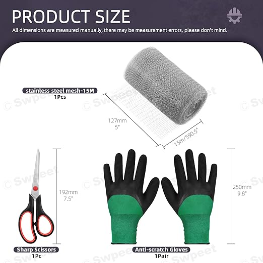 Swpeet 3Pcs 5" x 50FT Wire Mesh Hole Fill Fabric with Scissors and Anti-scretch Gloves, Stainless Steel Wire Mesh Roll, Flexible Stretchy Mesh Fabric Ideal for Garden House and DIY