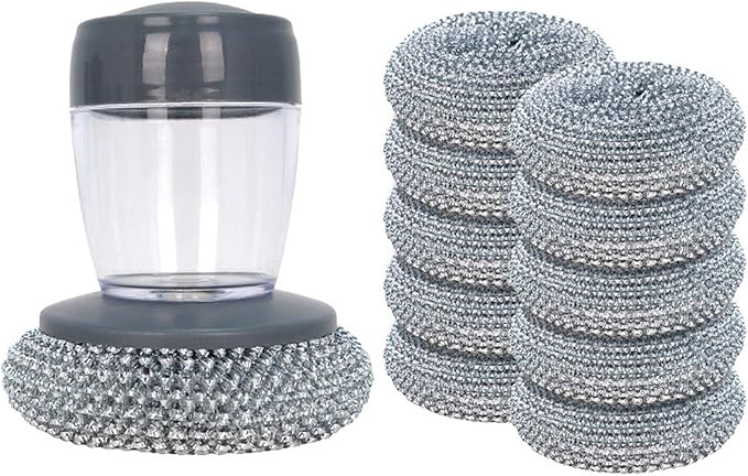Soap Dispensing Dish Brush with Replaceable Nylon Balls, Comfort Grip Handle for Kitchen Scrub - Built-in Soap Dispenser for Cleaning Dishes, Pots, Pans, Sinks & Bathtubs (1+10pcsballs)