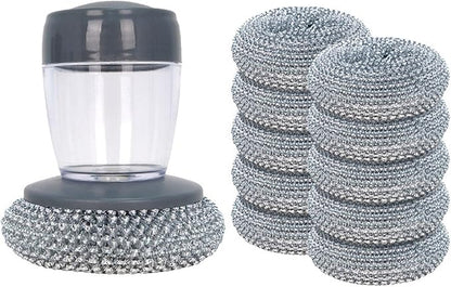 Soap Dispensing Dish Brush with Replaceable Nylon Balls, Comfort Grip Handle for Kitchen Scrub - Built-in Soap Dispenser for Cleaning Dishes, Pots, Pans, Sinks & Bathtubs (1+10pcsballs)