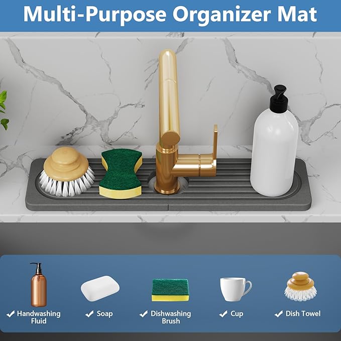24'' Longer Stone Faucet Mat for Kitchen Sink [Super Absorbent, 30s Quick Drying] Water Absorbing Stone Tray for Sink Stone Mat for Kitchen Sink Stone Quick Dry Around Faucet Diatomite Stone Sink Tray