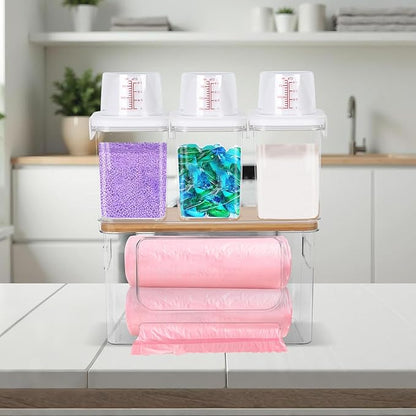 11.6"×7.5"×7" Large Trash Bag Holder with Bamboo Lid 3Pcs Air Tight Laundry Detergent Organizers with lid Measuring Cup Dishwasher Pod Holder Stackable Containers Under Sink for Kitchen Laundry Room