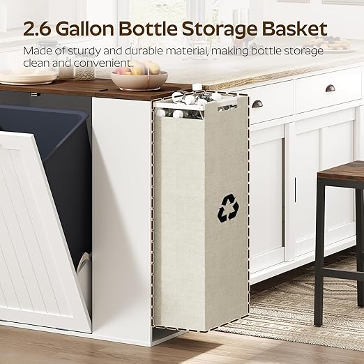YATINEY Tilt Out Trash Can Cabinet, 10 Gallon Hidden Garbage Can Cabinet with Bottle Recycling Compartment, Wooden Recycling Cabinet Trash Can, for Kitchen, Living Room, White and Walnut WB06WH