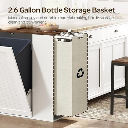 YATINEY Tilt Out Trash Can Cabinet, 10 Gallon Hidden Garbage Can Cabinet with Bottle Recycling Compartment, Wooden Recycling Cabinet Trash Can, for Kitchen, Living Room, White and Walnut WB06WH