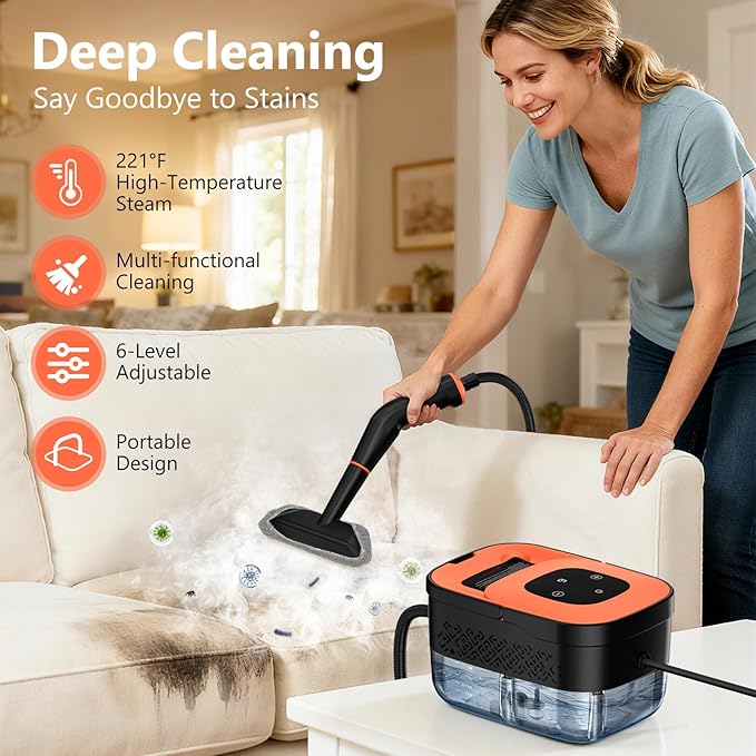 Steam Cleaner, Portable Steamer for Cleaning with 16pcs Accessories, 6-Level Adjustable, 15s Heat-Up, Handheld Steam Cleaner for Home, Tile, Grease, Dirt, Grout, Car Detailing