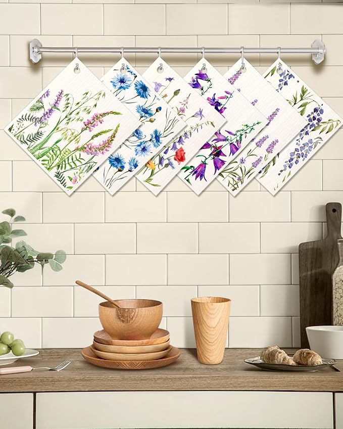 Miss Adola 6 Pack Swedish Dishcloths for Kitchen - Reusable Dish Cloths for Washing Dishes Absorbent Cute Funny Kitchen Towels Cleaning Sponge, Lavender Flower