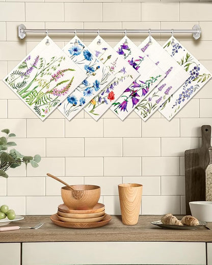 Miss Adola 6 Pack Swedish Dishcloths for Kitchen - Reusable Dish Cloths for Washing Dishes Absorbent Cute Funny Kitchen Towels Cleaning Sponge, Lavender Flower