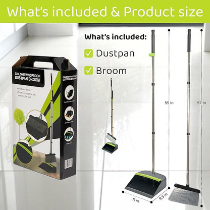 Broom with Dustpan Combo Set with Long Handles - Lightweight Indoor & Outdoor Broom and Dustpan Set for Home & Office - Broom with Stand Up Dustpan and Innovative Dust Collector