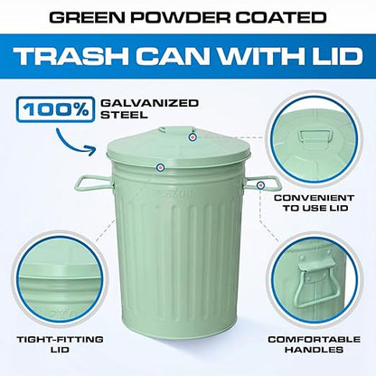 Plexon 2 Gallon Small Metal Trash Can with Lid Bathroom Garbage Can with Lid Bathroom Trash Can for Bedroom Office Kitchen Indoor Waste Basket, Round Powder Coated Green Bucket