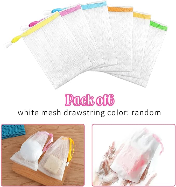 6PCS Assorted Colors Soap Bags for Soap Bars, Handmade Bubble Mesh Soaps Bag Exfoliating Saver Pouch Net Shampoo Bar Bag Soaps Sleeves with Drawstring Body Facial Cleaning Tool for Bath & Shower (6)