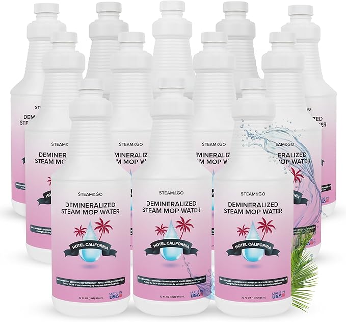 Steam & Go Demineralized Water - Multi-Surface Cleaner for Steam Cleaners, Hardwood Floors, Kitchens, & Bathrooms - Germ-Killing Formula - Hotel California Scent - 32 Ounces (Pack of 12)