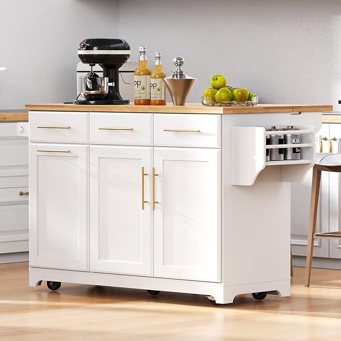 59.3" Kitchen Island with Drop Leaf and Pull Out Trash Can Storage Cabinet, Rolling Kitchen Island Table with Power Outlet, Spice & Towel Rack for Kitchen, Dining, White