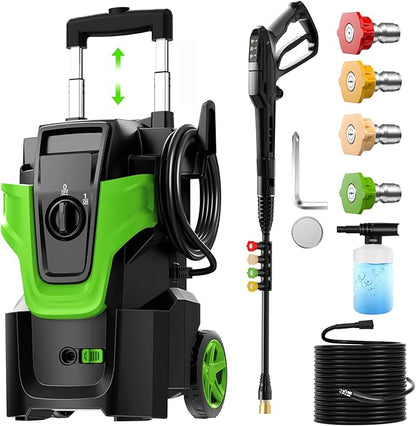 5000PSI Heavy Duty Pressure Washer, 3-Speed Adjustable Power Washer with 2-Stage Pull Rod, 4 Nozzles, Foam Cannon & 500ml Soap Bottle for Car, Home & Outdoor Cleaning,Green