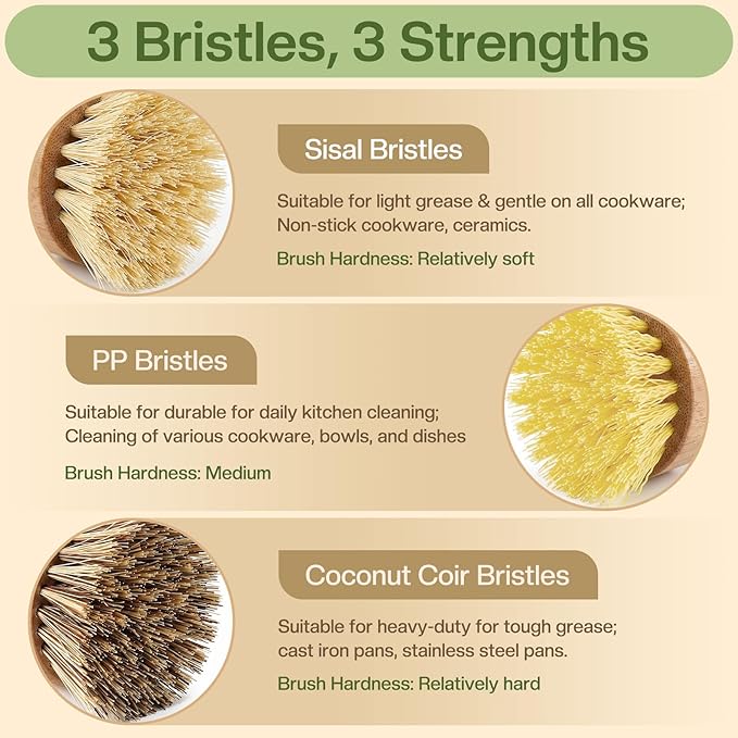 Wooden Dish Brush with Metal Stand Handheld Bamboo Wok Brush Scrubber for Dishes Pans Pots Fruit and Veggie Washing(3,Beige Brown Yellow)