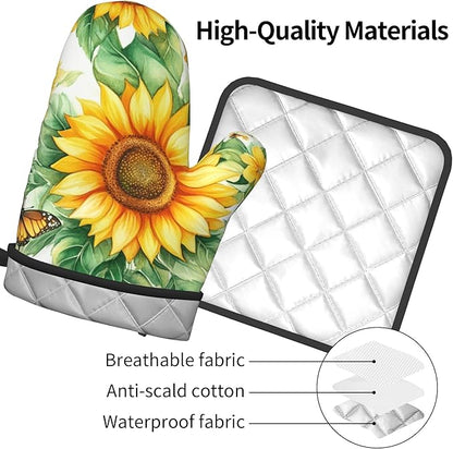Sunflower Oven Mitts and Pot Holders Sets Watercolor Yellow Floral Plant Kitchen Gloves Hot Pads 2 Pieces Set Spring Summer Farmhouse Kitchen Decor and Accessories