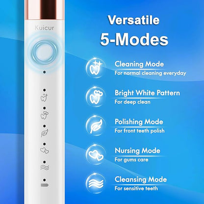 Kuicur Electric Toothbrush, 10 Brush Heads & Travel Case, 42,000 VPM Electric Motor & USB Charging, 5 Modes with Smart Timer, Ultra Whitening Toothbrush for Adults and Kids