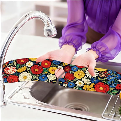2 Pcs Kitchen Sink Splash Guard Faucet Mats Vintage Colored Flowers Pattern Faucet Mat for Sinks Absorbing Drying Mat for Kitchen Bathroom, 23.6x5.5inch