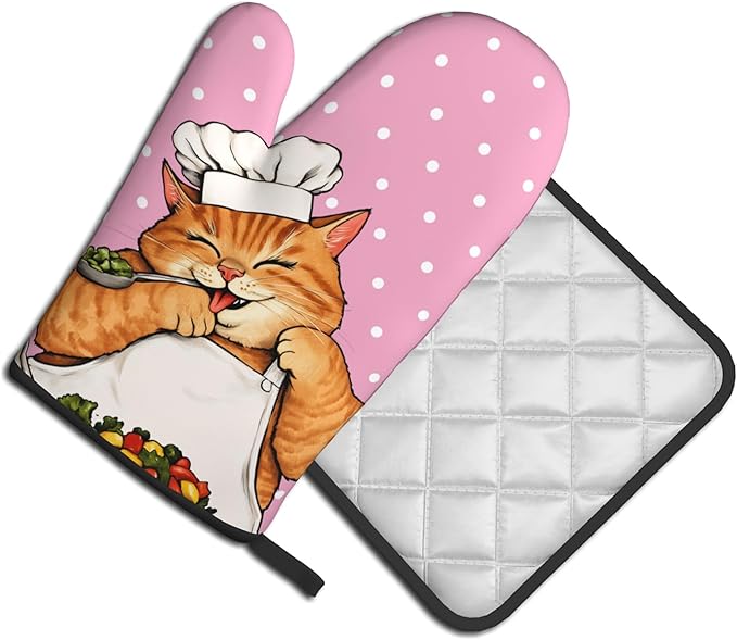 Cat Oven Mitts - Pink Oven Mitts and Pot Holders Sets of 2 Cute Kitten Cooker Kitchen Mitts Hot Pads for Baking Grilling
