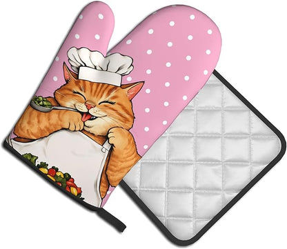 Cat Oven Mitts - Pink Oven Mitts and Pot Holders Sets of 2 Cute Kitten Cooker Kitchen Mitts Hot Pads for Baking Grilling