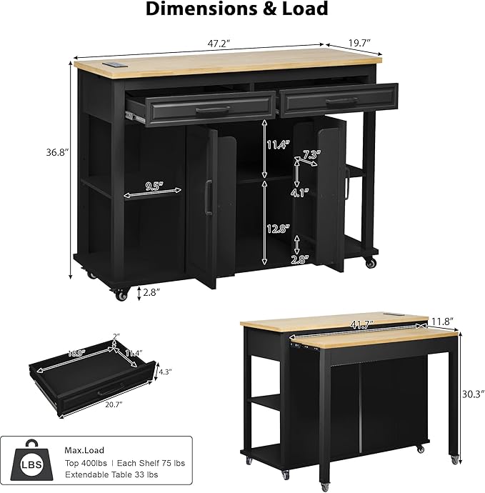 47" Kitchen Island with Extendable Dining Table, Movable Farmhouse Kitchen Islands with Storage Rack, Power Outlet, Island Table on Wheels with 2 Storage Drawers & 2 Cabinets, Black
