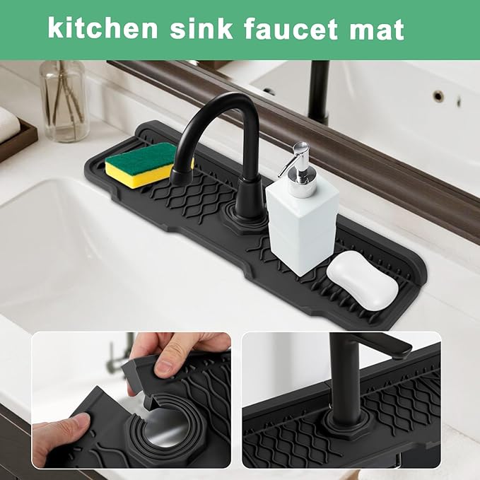 17 Inch Faucet Mat For Kitchen Sink Splash Guard Behind Faucet, ，5°Slope Fast Draining Silicone Mat , Dish Soap Sponge Holder for Bathroom Sink kitchen sink organizer (black, 17" x 6")