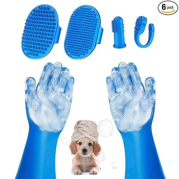 6PCS Pet Grooming Kit for Dogs, Dog Washing Gloves with High-Density Teeth, Dog Bath Brush & Silicone Heat Resistant Cleaning Gloves, Pet Hair Removal Glove for Dogs & Cats, (Navy Blue)