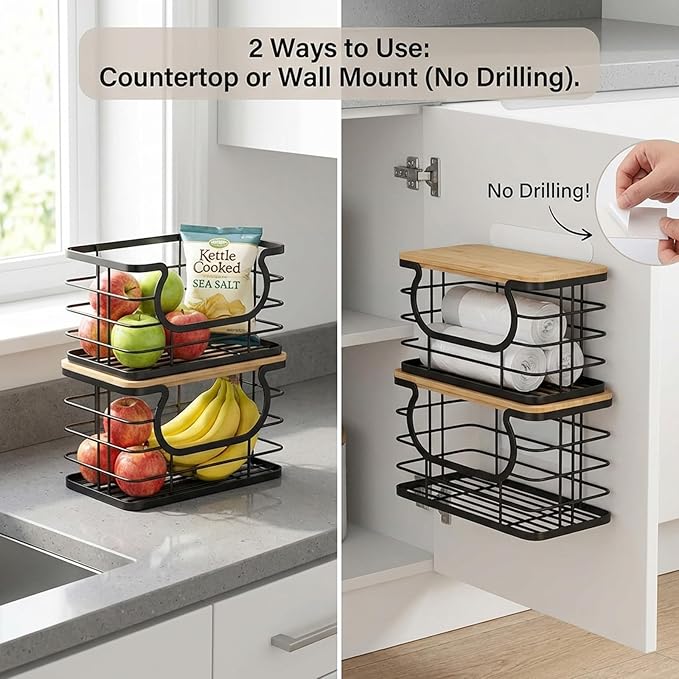REFGY 2-Pack Stackable Trash Bag Holder with Natural Fiber Top, 10-Inch Wide Opening Garbage Bag Dispenser for 13 to 33 Gallon Rolls, 11" x 7.1" x 5.9" Under Sink Organizer for Kitchen & Laundry