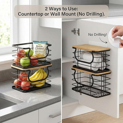 REFGY 2-Pack Stackable Trash Bag Holder with Natural Fiber Top, 10-Inch Wide Opening Garbage Bag Dispenser for 13 to 33 Gallon Rolls, 11" x 7.1" x 5.9" Under Sink Organizer for Kitchen & Laundry