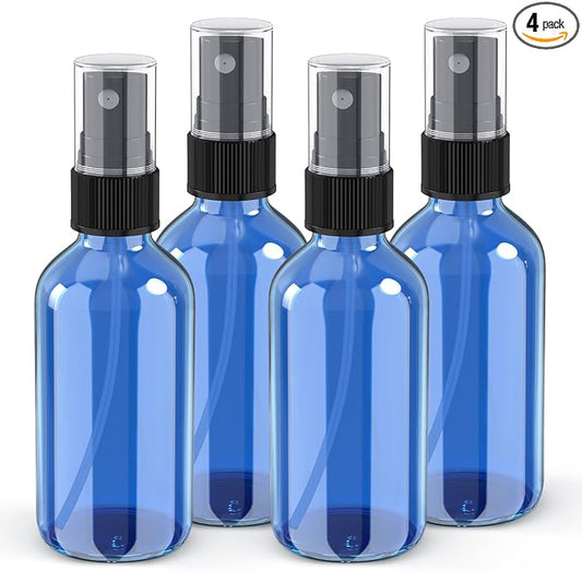 Wedama 4 oz Mini Glass Spray Bottles, Empty Small Spray Bottles with Funnel Dropper, Fine Mist for Hair, Travel, Plants, Cleaning Solutions and Skin Care (4 Pack Sky Blue)