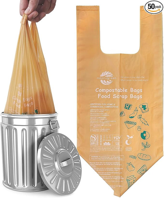 1.6 Gallon Compostable Handle Tie Garbage Bags, Small Trash Bags for Countertop Bin, Extra Thick 0.78 Mils, Certified US BPI ASTM D6400, 6 Liter, 50 Count