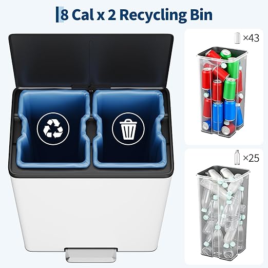 16 Gallon/60 L Dual Trash Can, Stainless Steel Garbage Can with Soft-Close Lid & Step Pedal, 2 x 8 Gallon Commercial Double Recycling Bin with 2 Removable Inner Buskets for Kitchen Office, White