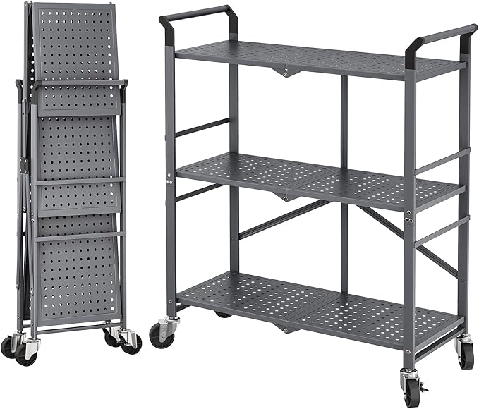 3 Tier Utility Carts - Folding Metal Rolling Cart with Wheels for Kitchen Office Garage Storage, Grey